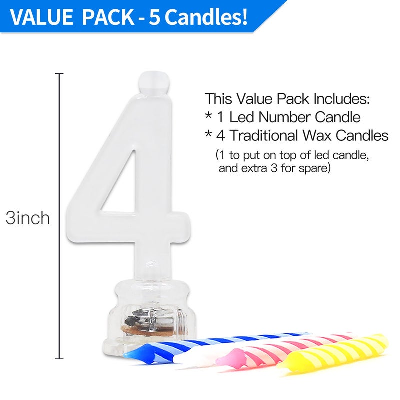 Novelty Place Birthday Number Candle Set, Flashing Multicolor Changing LED Birthday Cake Topper with 4 Wax Candles (Number 4) - Image 3